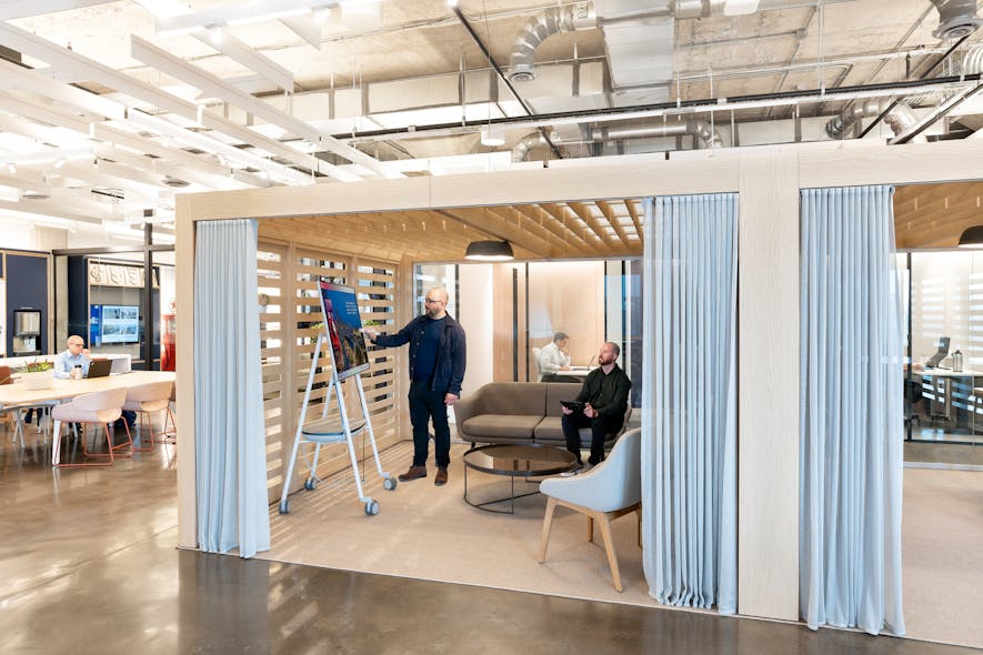 Clients will be demanding semi-enclosed yet movable and coordinated mini offices that can accommodate a handful of in-person participants given space constraints.