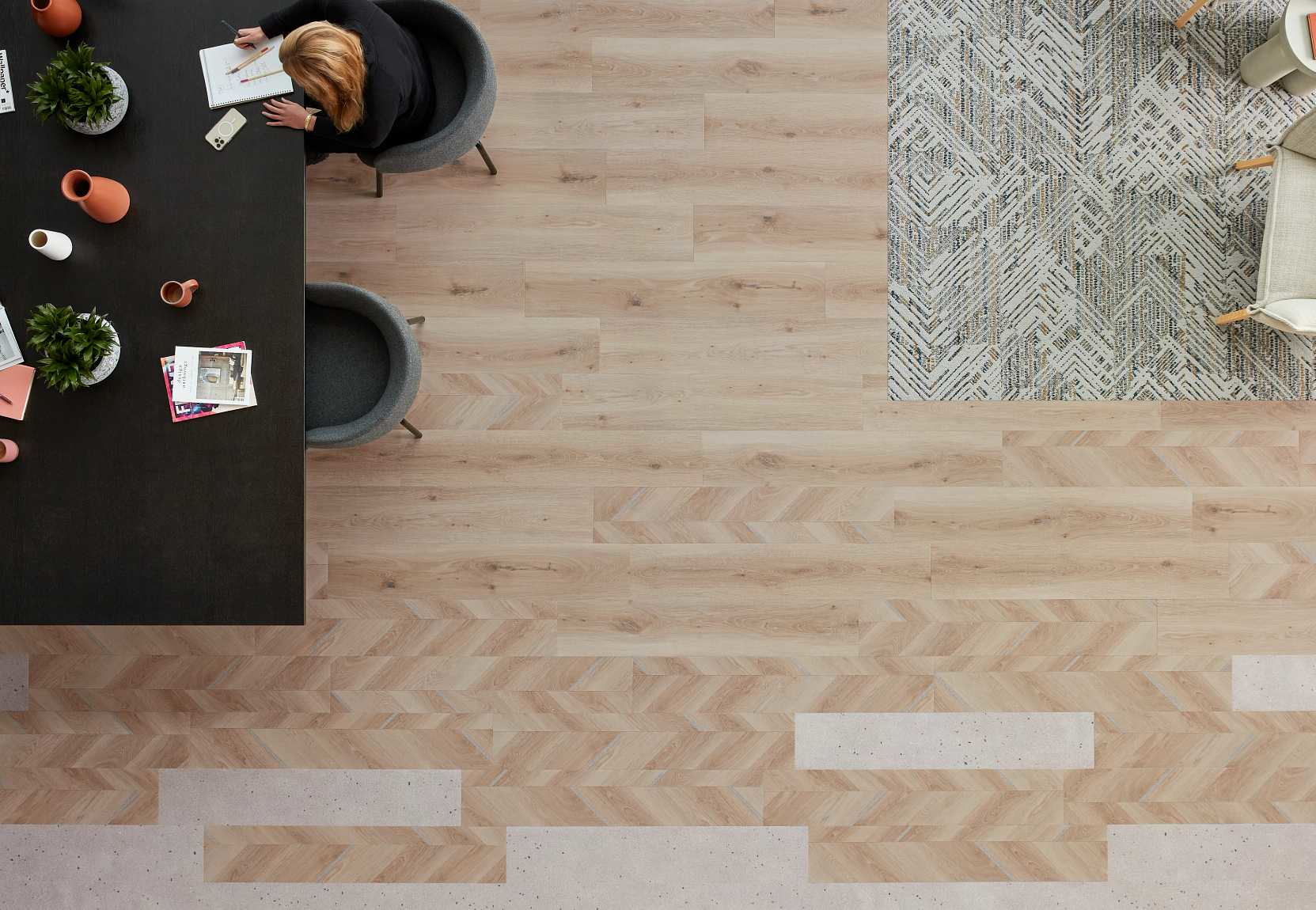 Clean wood with insets of concrete terrazzo.