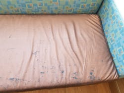 Damage to polyurethane cushions at a military hospital after about 2 years of cleaning with various wipes and disinfectants. Damage to polyurethane cushions at a military hospital after about 2 years of cleaning with various wipes and disinfectants.