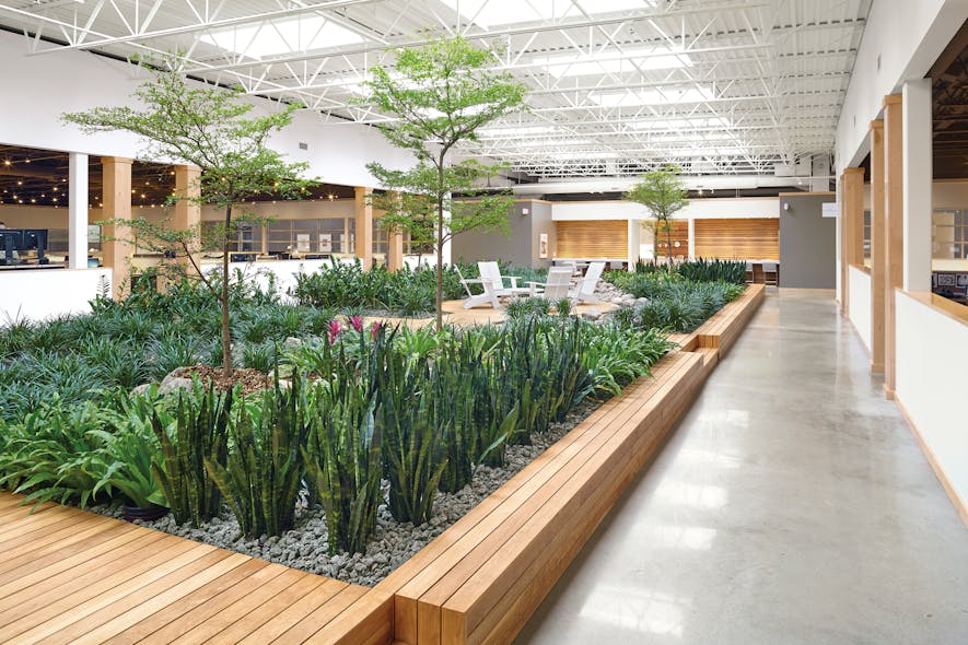 Room &amp; Board&rsquo;s atrium, located in the brand&rsquo;s Minneapolis HQ, provides a space for workers to reconnect with nature - at any time of the year (especially during Minnesota&rsquo;s cold winters). Minimalist wood benches that wrap around the perimeter provide ample space for sitting, socializing, and nature bathing.