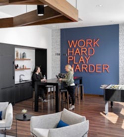 The most significant redesign feature of 600 Metropoint is the game room, which gives employees a place to unwind and gather during the day. The most significant redesign feature of 600 Metropoint is the game room, which gives employees a place to unwind and gather during the day.