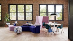 Orangebox's Away from the Desk provides a large lounge setting to anchor the space. A tall screen shields a smaller seating area which can be more easily reconfigured if necessary. Orangebox's Away from the Desk provides a large lounge setting to anchor the space. A tall screen shields a smaller seating area which can be more easily reconfigured if necessary.