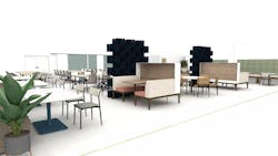 Collaboration caf&eacute; concept: Smaller sheltered settings provide visual and acoustic respite for those who need it. Tables with a pedestal base provide ease for approach. Acoustic forms used as a barrier can be reconfigured or removed.