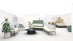 Entry concept: Furniture placement holds space for people who use a wheelchair or mobility devices to be immersed with their peers. Arched seating with optional high back improves sightlines and provides a backdrop of communication (ex. sign language) and privacy, and movable lounge pieces allow for flexibility. Entry concept: Furniture placement holds space for people who use a wheelchair or mobility devices to be immersed with their peers. Arched seating with optional high back improves sightlines and provides a backdrop of communication (ex. sign language) and privacy, and movable lounge pieces allow for flexibility.