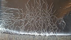 This photo shows cracking and delaminating of a coated fabric after several months of being cleaned with bleach wipes 3 – 4 times per day. This photo shows cracking and delaminating of a coated fabric after several months of being cleaned with bleach wipes 3 – 4 times per day.