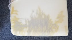 Shown here is the actual foam underneath the coated fabric. Notice the same pattern of stains that are allowed to penetrate through the coated fabric once it begins to disintegrate. The cushion then becomes an incubation chamber for contaminants and can no longer be cleaned. Shown here is the actual foam underneath the coated fabric. Notice the same pattern of stains that are allowed to penetrate through the coated fabric once it begins to disintegrate. The cushion then becomes an incubation chamber for contaminants and can no longer be cleaned.