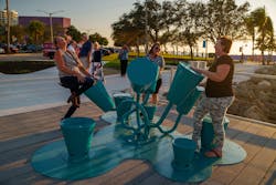 Drum Coral is created entirely from recyclable aluminum, painted with an eco-friendly ocean blue powder coat. Drum Coral is created entirely from recyclable aluminum, painted with an eco-friendly ocean blue powder coat.