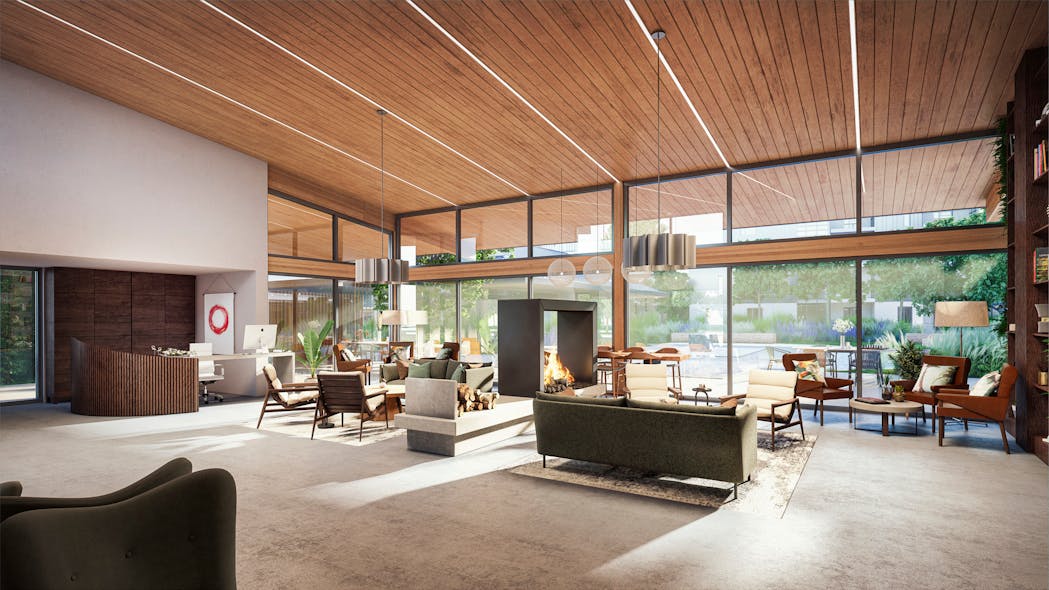 Enso Village in Healdsburg, Calif. features an open, airy community room with direct outdoor access and a variety of seating vignettes around a central fire feature.