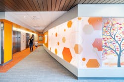 The colors continue all throughout the interior with hues and shapes assigned to each floor to create excitement and positivity while serving as a wayfinding tool.