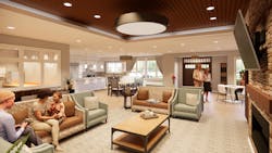 An open space layout at Evermore, a senior living community in Lakeridge, Virginia, contributes to interaction and socialization and resident rooms provide privacy and access to their own accessible bathroom to reduce fall risk and enhance dignity and choice. An open space layout at Evermore, a senior living community in Lakeridge, Virginia, contributes to interaction and socialization and resident rooms provide privacy and access to their own accessible bathroom to reduce fall risk and enhance dignity and choice.