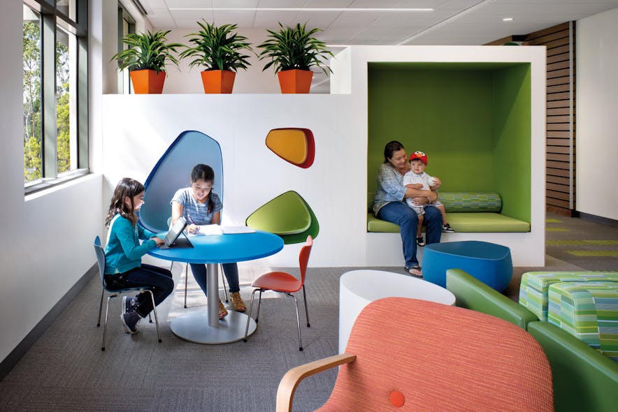 The waiting room at Lucile Packard Children&rsquo;s Hospital at Stanford in Palo Alto, Calif features insets and seating enclosures where patients can feel protected and cradled.