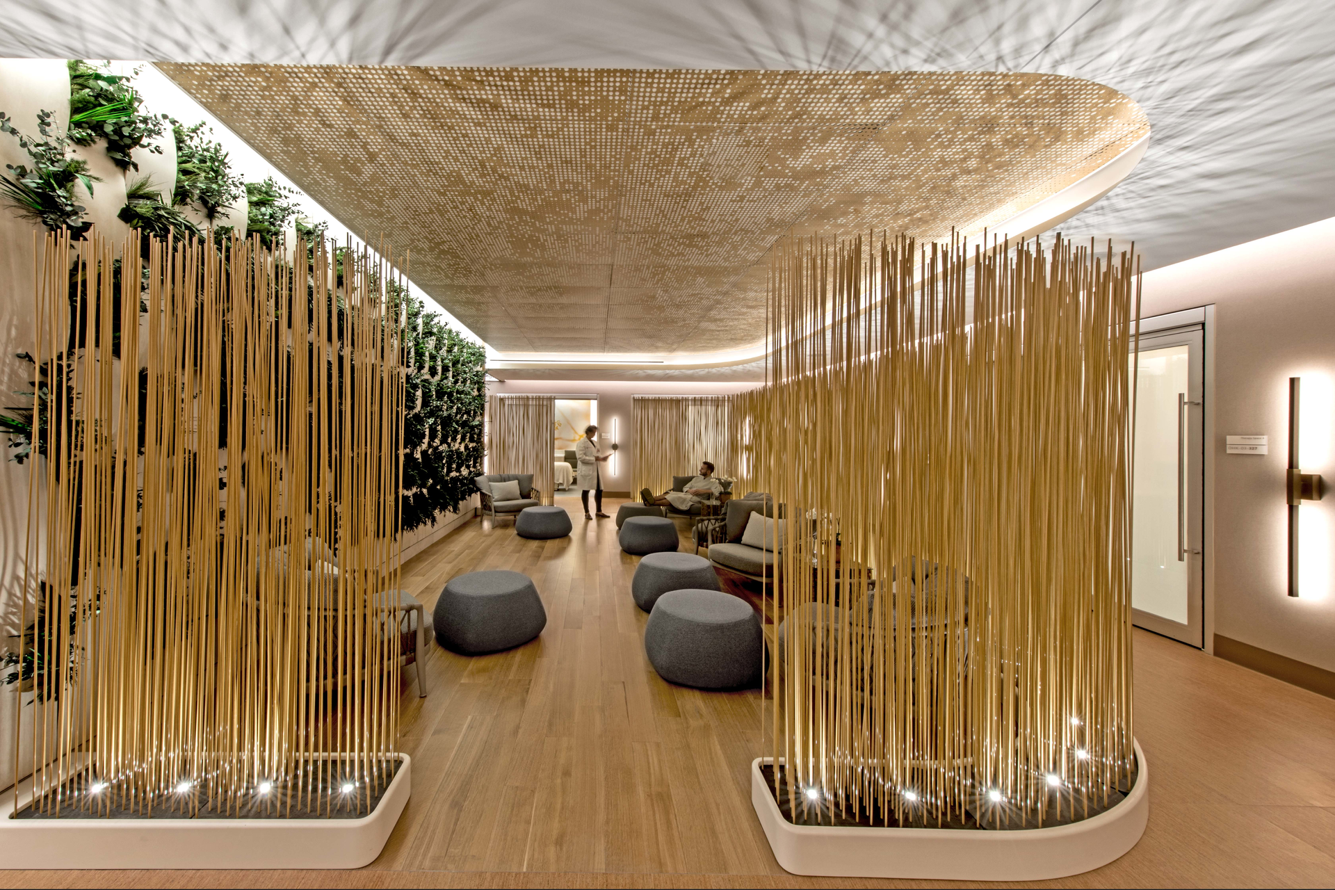 Biophilic elements create a calming sanctuary space at the New York Presbyterian Center for Integrative Health.