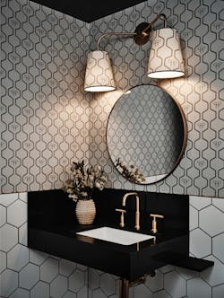 Studio Heimat used subtle nods to biodiversity and pollinator bees, such as with this custom wallpaper in the tasting room bathroom. Studio Heimat used subtle nods to biodiversity and pollinator bees, such as with this custom wallpaper in the tasting room bathroom.