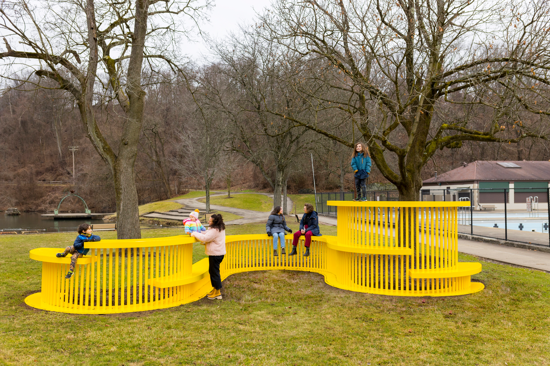 'Together,' located in Pittsburgh, Penn. is a series of undulating surfaces in recyclable aluminum, installed late last year and serving as a table, bench, walkway, place to rest, a stage; you name it. Right next to the Highland Park pool and Lake Carnegie, it was developed through a series of conversations within that community. 'It's always fun to see the unique ways people decide to use our work,' Swanson said. A Live Action Role Play (LARP) club has started to utilize it for their meetings.