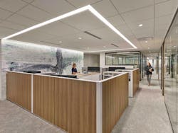 Administrative workspaces were consolidated to accommodate two-four people who share printers, files, and privacy dividers have been removed. Administrative workspaces were consolidated to accommodate two-four people who share printers, files, and privacy dividers have been removed.