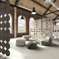 PANL PET felt hanging screens (shown here in custom perforation) can artfully divide a room while providing sound absorption. PANL PET felt hanging screens (shown here in custom perforation) can artfully divide a room while providing sound absorption.