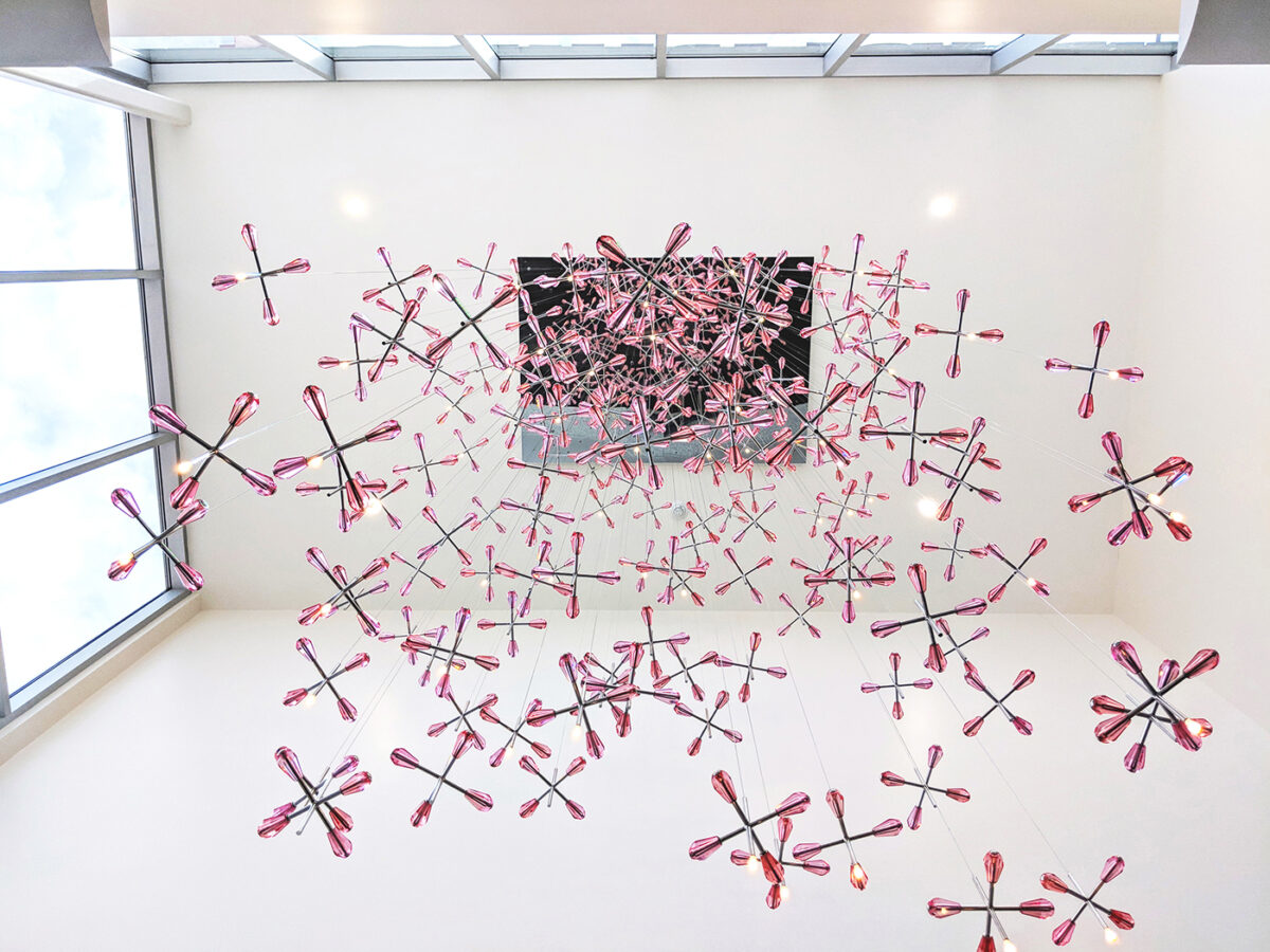 Ruby tiny figurines cascade from the St. Francis Atrium in Oklahoma.