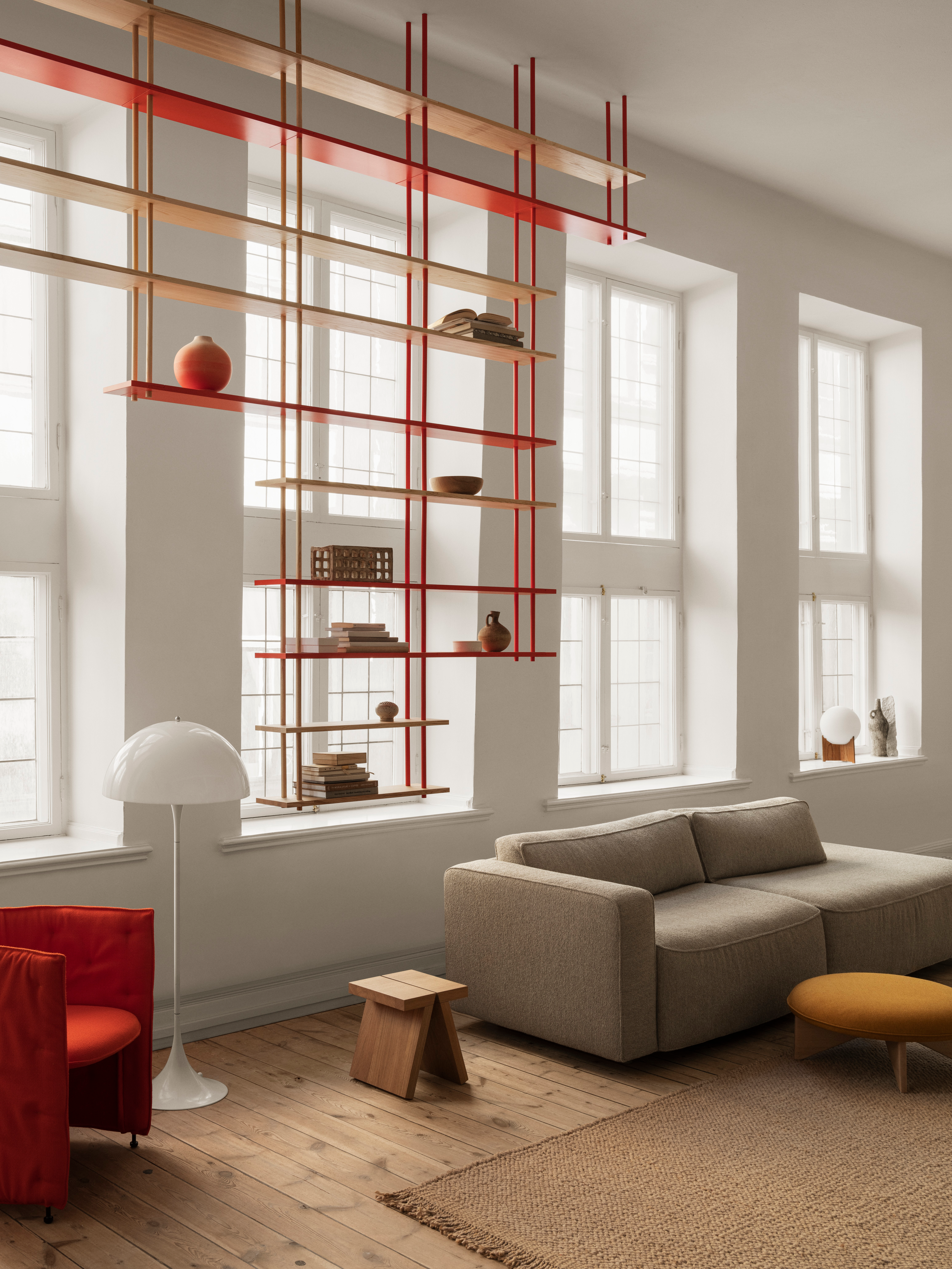 The Fogia Bond shelving system can mount into the ceiling.