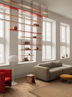The Fogia Bond shelving system can mount into the ceiling.