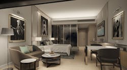 A rendering of a confidential project signifies easier access to the touchscreen TV programmed with the guest&apos;s personal streaming and wireless preferences.