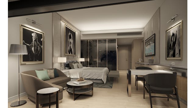 A rendering of a confidential project signifies easier access to the touchscreen TV programmed with the guest&apos;s personal streaming and wireless preferences.