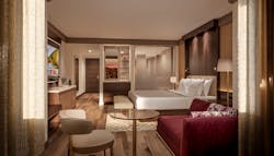 To improve TV access, the traditional room credenza can be moved to the closet or in proximity to an open bathroom concept, creating an integrated dressing area with a convenient luggage bench. To improve TV access, the traditional room credenza can be moved to the closet or in proximity to an open bathroom concept, creating an integrated dressing area with a convenient luggage bench.