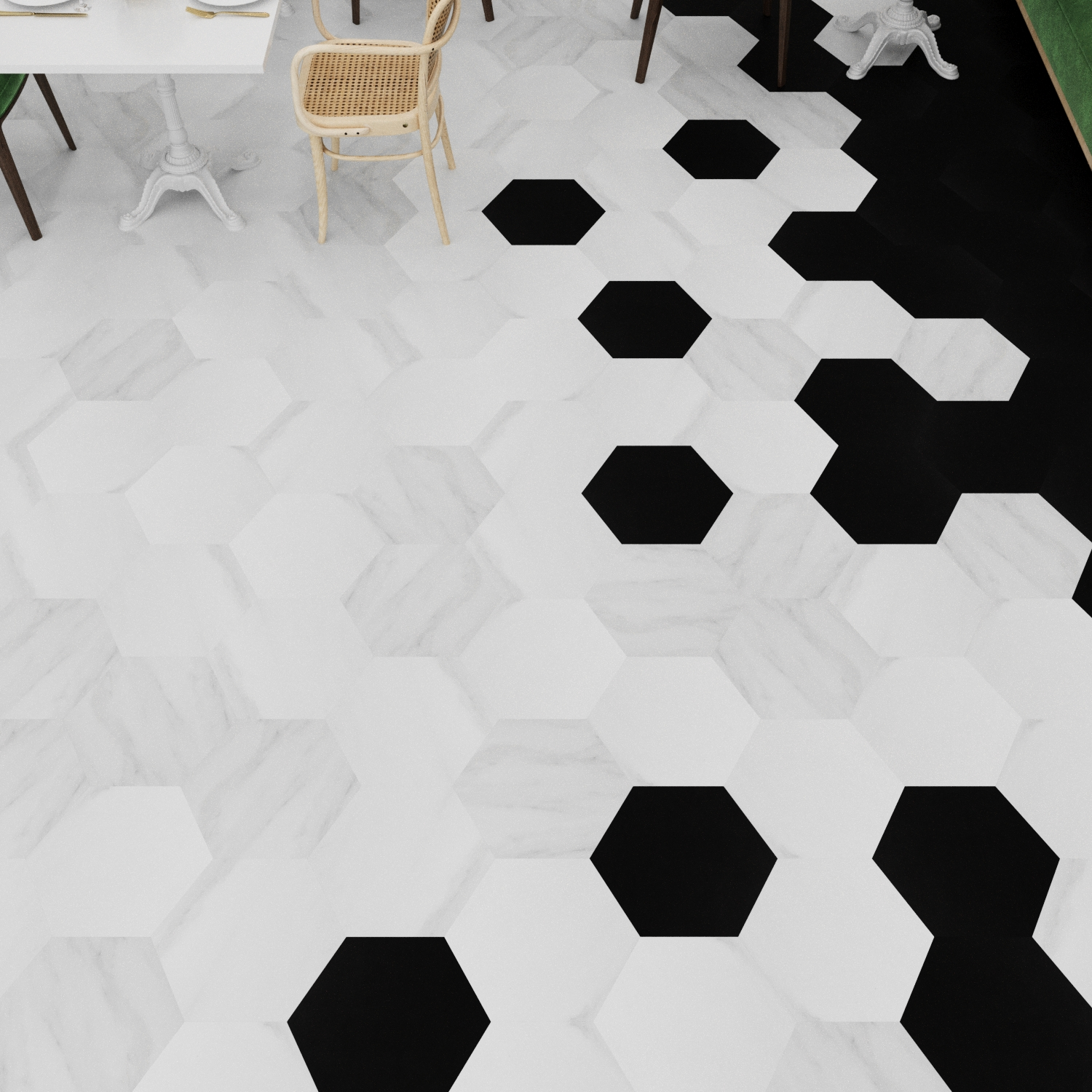 MosaiCORE room scene in Blanco Ibiza and Pure Black.