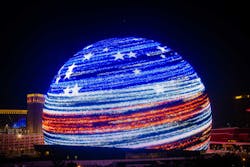 The Sphere is the world's largest spherical structure whose exosphere is a fully-programmable 580,00-sq.-ft. LED exterior that can display 256M colors onto the skyline. The Sphere is the world's largest spherical structure whose exosphere is a fully-programmable 580,00-sq.-ft. LED exterior that can display 256M colors onto the skyline.