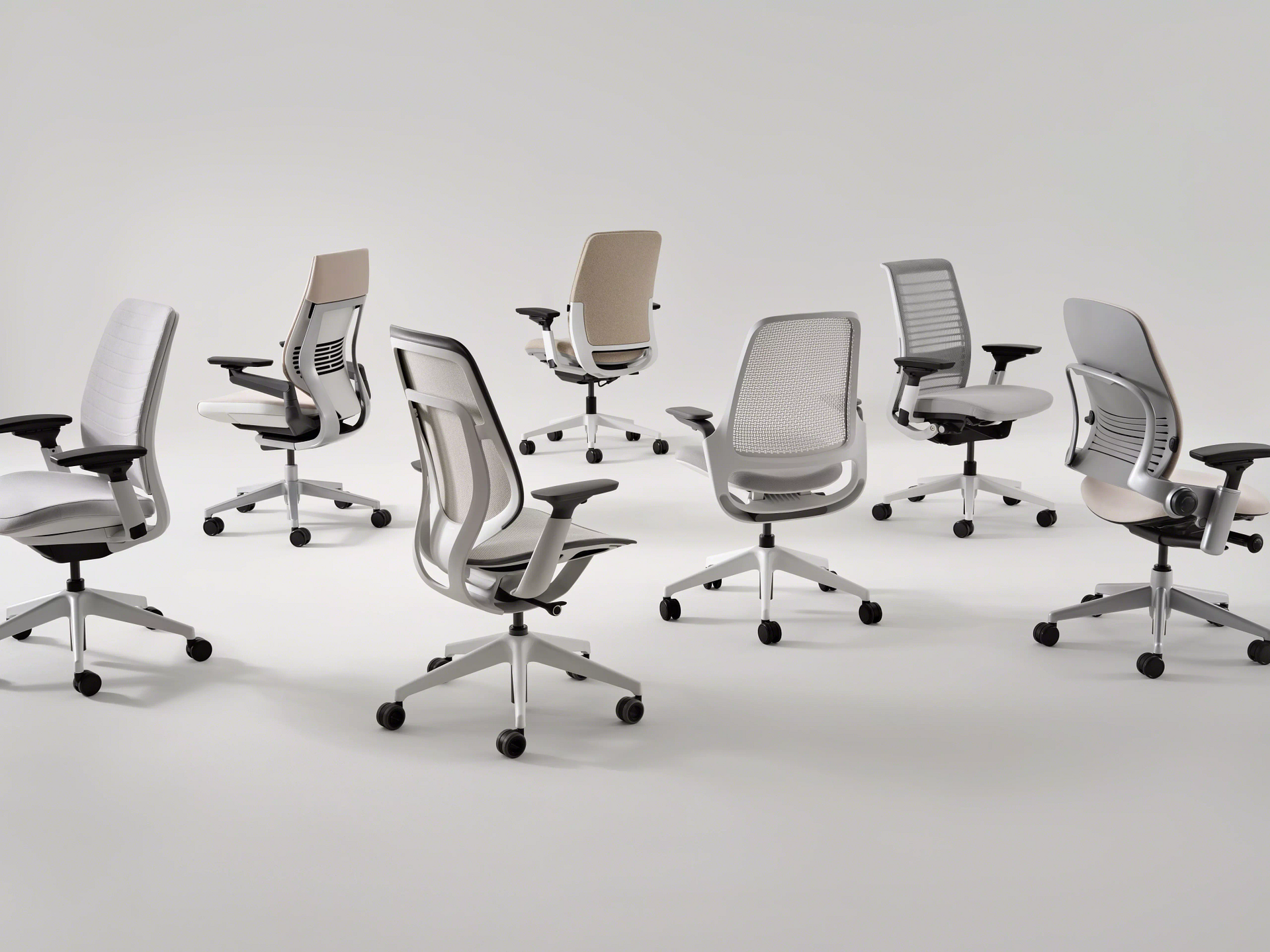 CarbonNeutral Certified Steelcase seating includes (from left to right) Steelcase Series 2, Leap, Think, Steelcase &NegativeMediumSpace;&NegativeMediumSpace;Karman, Gesture, &NegativeMediumSpace;&NegativeMediumSpace;Steelcase Series 1 and Amia