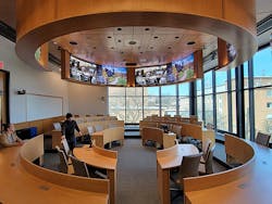 This hybrid classroom for Lehigh University’s College of Business in Bethlehem, Penn., features thoughtfully designed furnishings, daylighting, 360 degrees of monitors and high-quality video and audio capabilities. This hybrid classroom for Lehigh University’s College of Business in Bethlehem, Penn., features thoughtfully designed furnishings, daylighting, 360 degrees of monitors and high-quality video and audio capabilities.