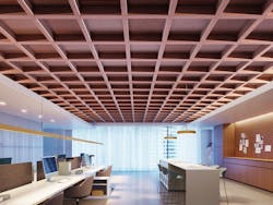Plaid acoustic panels in a tubular grid. Plaid acoustic panels in a tubular grid.