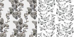 Migration by Hilary Lorenz, left, and AI-generated patterns of moths, right. Migration by Hilary Lorenz, left, and AI-generated patterns of moths, right.