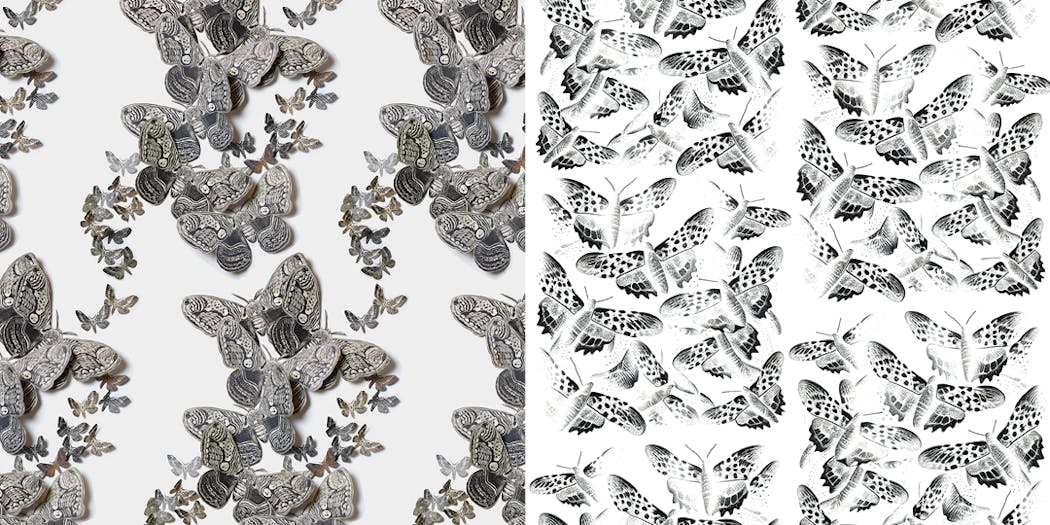 Migration by Hilary Lorenz, left, and AI-generated patterns of moths, right.