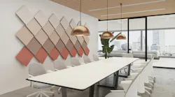 Articulate square acoustic tiles can be rotated into diamond shapes and staked into various patterns.