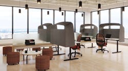 The Hoodie Screen is a curved enclave that attaches to desks to create a private yet welcoming space.