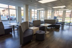 This common area inside Tucker Hall includes a variety of adjustable furniture, seating options and surface heights, which better accommodates students with different learning needs.