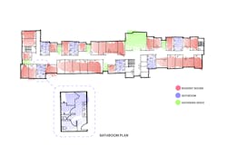 This is a cluster-style bathroom layout in a typical student housing wing.