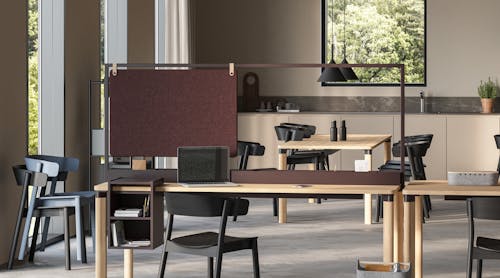 Enfold Work table with modular attributes for storage and sound absorption.
