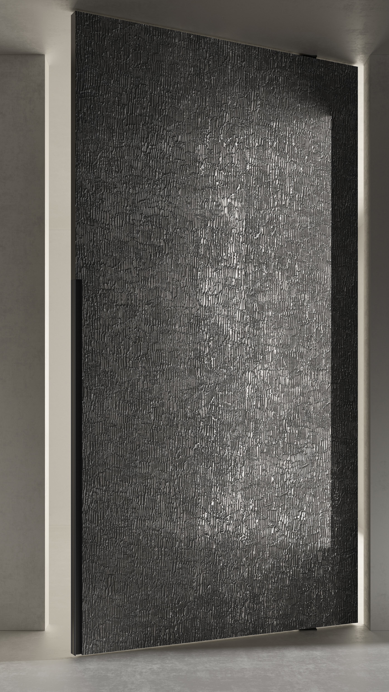 Corteccia Pivot Door in a tin finish.