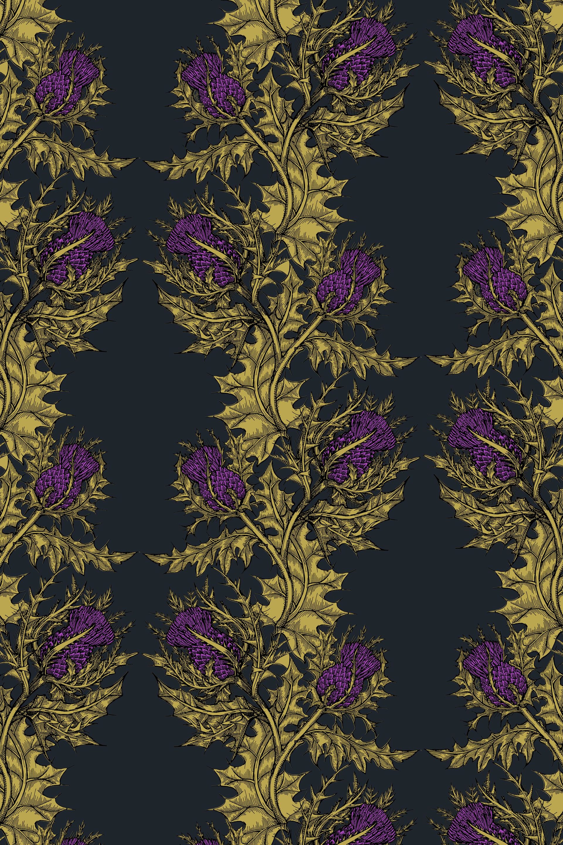 Grand Thistle wallpaper in gold and purple on peregrine.