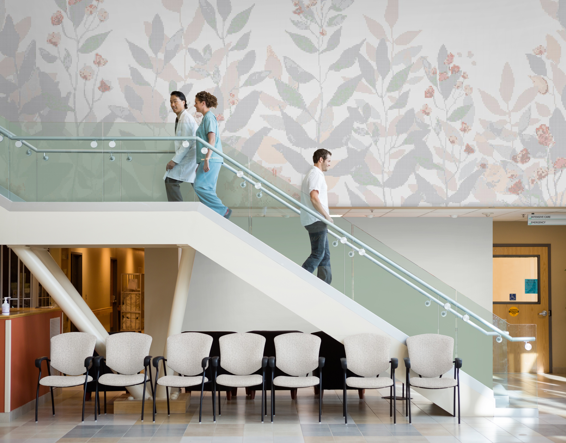 The Oasis tile in Whisper offers a calm design on a hospital wall.
