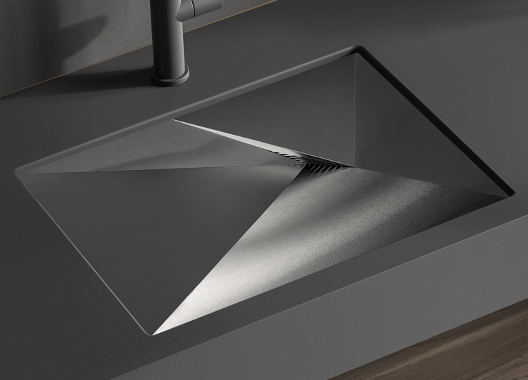 Starburst bath sink line in satin brush stainless steel finish.