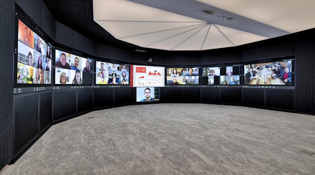Called the Decision Theatre, this hybrid space at Helios Education Foundation in Phoenix supports a high level of customizable remote collaboration.