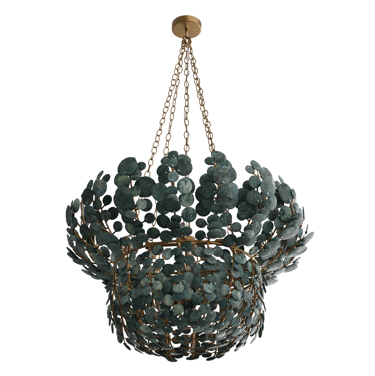 The Bilal Chandelier draws inspiration from tropical foliage and features a eucalyptus finish.