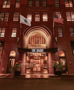 The entrance to The Dagny Boston welcomes guests to a historic Art Deco building reimagined by Hirsch Bedner Associates Los Angeles into a hotel. The entrance to The Dagny Boston welcomes guests to a historic Art Deco building reimagined by Hirsch Bedner Associates Los Angeles into a hotel.