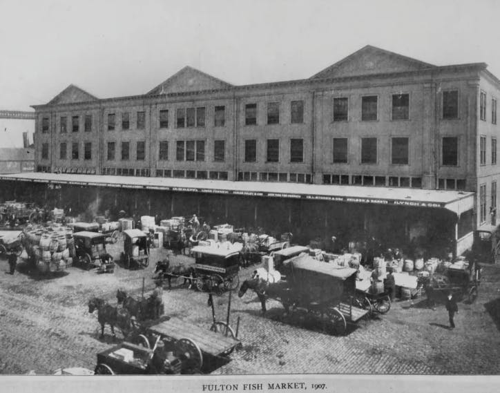 The 1907 Tin Building formerly housed the Fulton Fish Market.