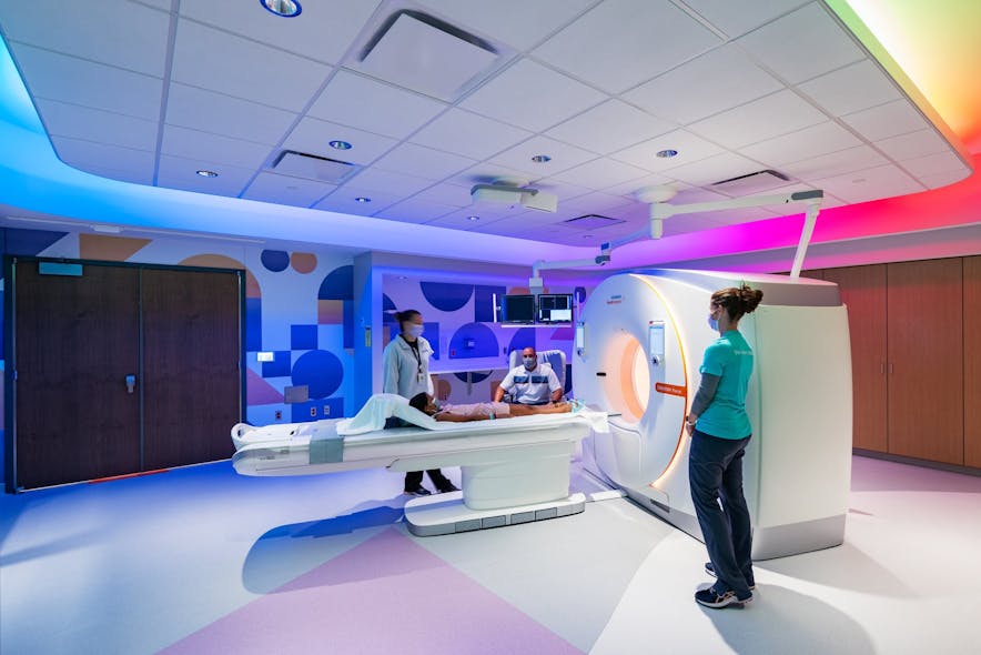 Color-changing lighting and theme surfaces help distract the children in the imaging rooms.