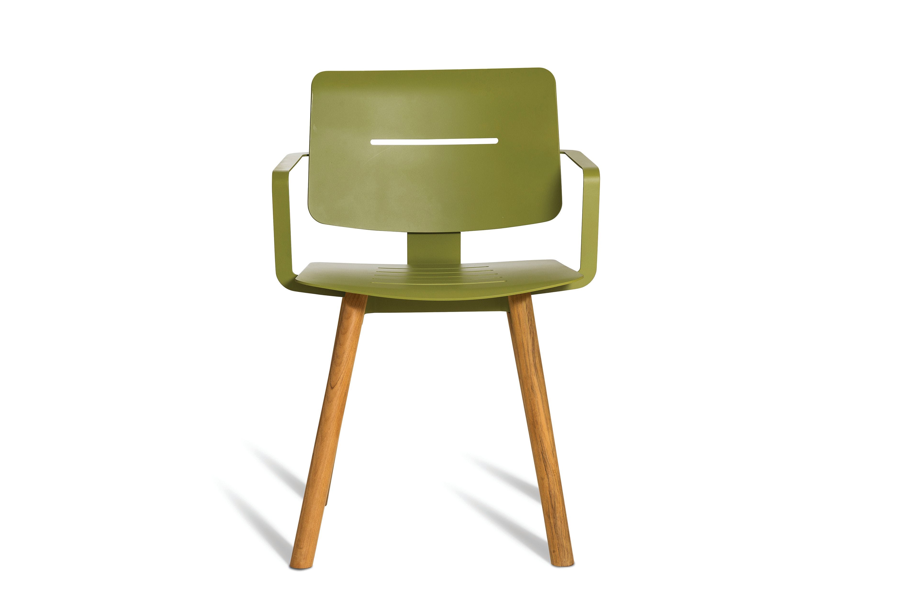 The Oasiq Coco Armchair in olive green with aluminum faux teak wood legs.