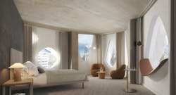 Guest rooms are a bright contrast to the darker hallways and are designed in the Scandinavian style with intentional furniture and finishes. Guest rooms are a bright contrast to the darker hallways and are designed in the Scandinavian style with intentional furniture and finishes.