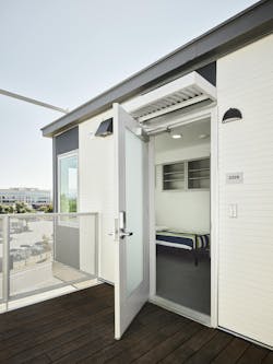 The San Mateo County Step(1) interim supportive housing system includes sleeping units with decks. The San Mateo County Step(1) interim supportive housing system includes sleeping units with decks.